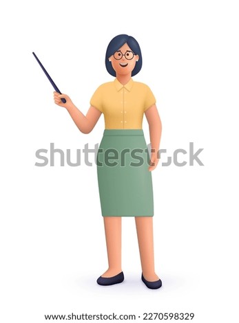 Smiling teacher showing something using pointer. Studying, education and online learning concept. 3d vector people character illustration. Cartoon minimal style. Royalty-Free Stock Photo #2270598329