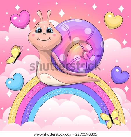 Cute cartoon snail on the rainbow. Vector illustration of an animal on a pink background with clouds.