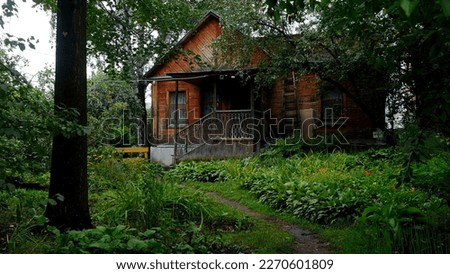 A country house outside the city. Stock footage.A calm, quiet place with a built garden and a small wooden house on the background of growing greenery.
