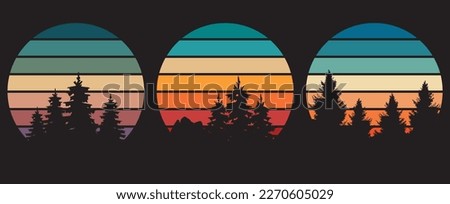 70s style striped sunsets retro background set collection. Abstract sunrise logos with forest landscape. Vector illustration