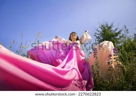 Beautiful girl in a lush pink ball gown in green field during blooming of flowers and blue sky on background. Model posing on nature landscape as princess from fary tale