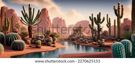 A desert oasis with cacti and flowers growing around a stream of water. Cinematic digital artwork illustration of a desert landscape at sunset. Scenic wild west aesthetic art vector illustration. Royalty-Free Stock Photo #2270625153