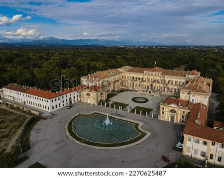 Aerial view of facade of the elegant Villa Reale in Monza, Lombardy, north Italy. Birds eye of the beautiful Royal Palace of Monza. Drone photography in Lombardia. Royalty-Free Stock Photo #2270625487