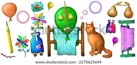 A set of color drawings by hand. A fun composition of a balloon, a pencil, a cat, a pear, a clothes dryer. Vases with flowers, circles, plates with fish, a worm. For illustration .