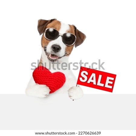 Jack Russel terrier puppy holds the red heart and  shows signboard with labeled "sale"  above empty white banner. isolated on white background