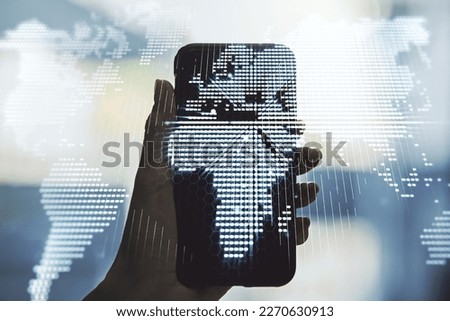 Double exposure of abstract digital world map and hand with cell phone on background, research and strategy concept