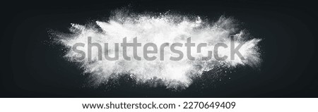Abstract wide horizontal design of white powder snow cloud explosion on dark background Royalty-Free Stock Photo #2270649409