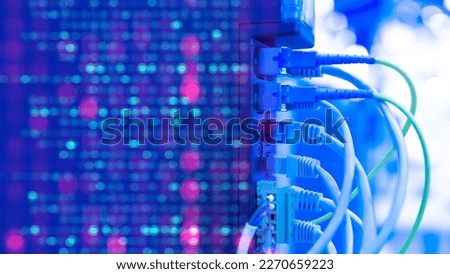 Network equipment. Wires connect equipment. Network hardware. Equipment for system administrator. Structured cabling systems. Network switch close up. Data storage and transmission. Server router Royalty-Free Stock Photo #2270659223