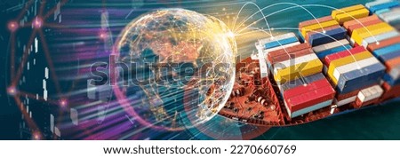 Technology Cargo Container Ship Futuristic Global Logistics international delivery concept, World map logistic and supply chain network distribution container export import to customs technology. Royalty-Free Stock Photo #2270660769