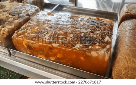 Kochi, Kerala, India-October 10 2023; A Colorful picture of an Indian Sweet Halwa or Halbai prepared with different flours, ghee and dry fruits in Kerala state, India.
