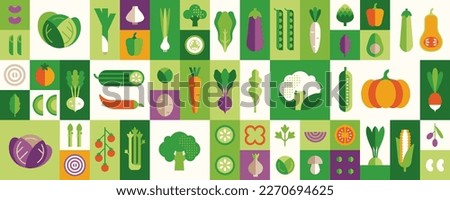 Vegetable illustration set: cabbage, broccoli, cucumber, tomato, zucchini, eggplant, carrot. Fresh healthy food. Vector icons in flat geometric style. Royalty-Free Stock Photo #2270694625