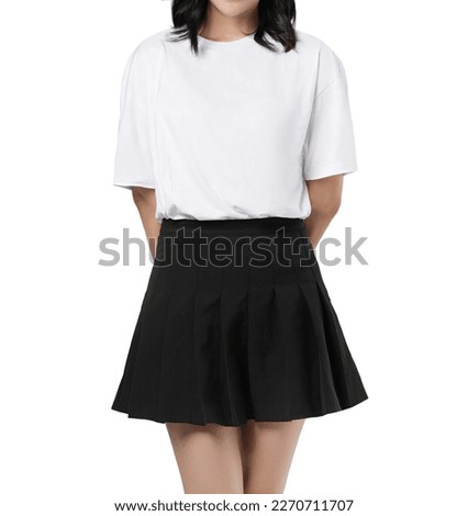 Young girl wearing white blank t-shirt and black skirt isolated on white background Royalty-Free Stock Photo #2270711707