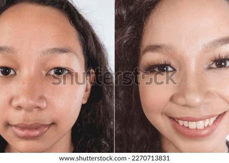 A before and after result of a young asian fashion model. Split face - no makeup on the left, full makeup, lashes and hairstyle on the right. HMUA makeover concept.