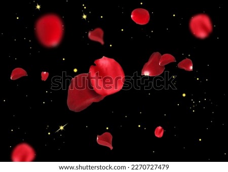 Flying petals of rose on black background. Falling red petals ans shining golden dust. ector realistic