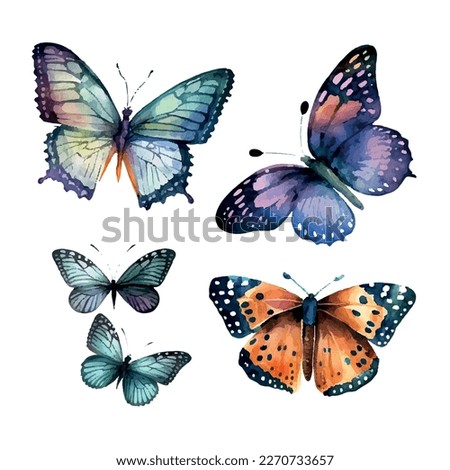 Collection of multicolored watercolor butterflies. Vector illustration. Royalty-Free Stock Photo #2270733657