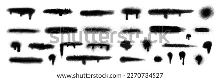 Paint splash set, spray elements for decor, black drip. Abstract flow splatter, ink marker squares and lines, grunge stain, vandalism art. Aerosol brushstrokes. Vector recent shape templates Royalty-Free Stock Photo #2270734527