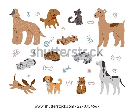 Puppy or kitten portraits. Cute dog and cat. Domestic animals. Funny pets sketch. Different adorable doodle characters. Canine breeds. Sleeping kitties. Vector tidy illustration background