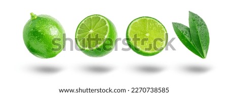Flying lime has water drop with slices and leaf collection isolated on white background. Royalty-Free Stock Photo #2270738585