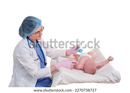 The doctor smears a cream on the skin of a newborn baby, isolated on a white background. Dermatologist nurse in uniform. Kid aged two months