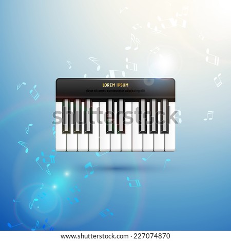 Bright illustration of a music icon. Piano keys over blue sky with musical notes.Vector illustration