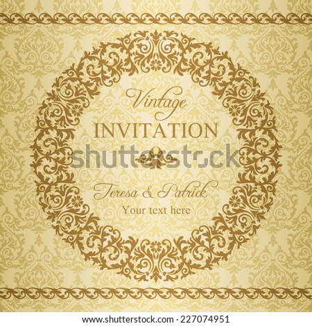 Baroque invitation card in old-fashioned style, gold and beige