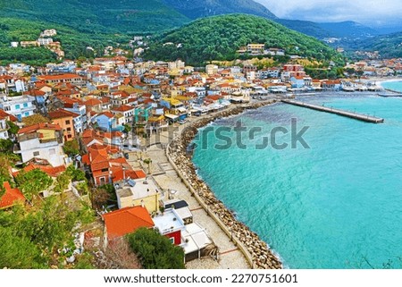 Sea landscape with village on Lefkada island in Greece. Royalty-Free Stock Photo #2270751601