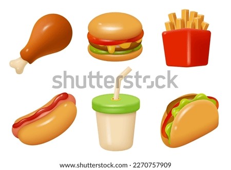 Fast food icons. Burger taco french fries cold drinks coffee street food decent vector plasticine rendering stylized illustrations