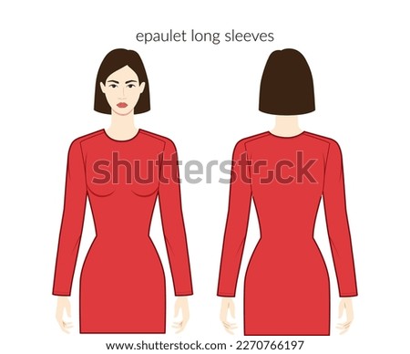 Epaulette sleeves long length clothes character beautiful lady in red top, shirt, dress technical fashion illustration with fitted body. Flat apparel template front, back. Women, men unisex CAD mockup