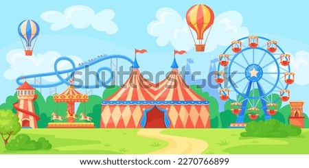 Fairground landscape. Panoramic amusement park, entertainment in daytime fun festival carnival circus, funfair carousel rollercoaster vector illustration of carnival amusement landscape, fun carousel Royalty-Free Stock Photo #2270766899