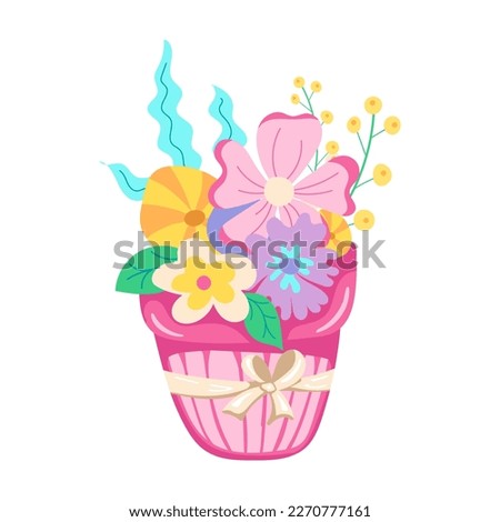 Hand drawn flower pot with garden flowers flat style colored doodle. Isolated design element on white background. Graphic decorative illustration for greeting card, post, holiday, birthday,  