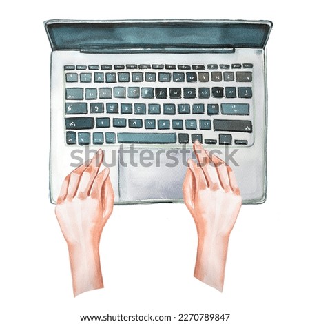 Hands and laptop top view.  Watercolor hand painted boss girl concept design. Business woman illustration. Freelancer themed clipart isolated on white.