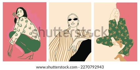 Abstract vintage wall art background vector. Collection of women in different poses, clothing, line art, organic shapes. Trendy style poster set for wall decoration, interior, wallpaper, banner.