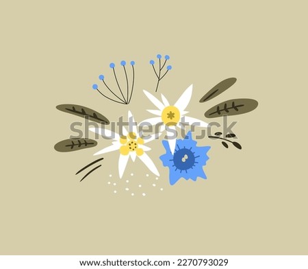 Alpine flowers: edelweiss, gentian and others. Vector illustrations for print, packaging, textile, apparel, embroidery. EPS clip art design. Royalty-Free Stock Photo #2270793029