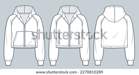 Zip-up Raglan sleeve Hoodie technical fashion illustration. Hooded Sweatshirt fashion technical drawing template, crop, raw, oversize, front and back view, white, women, men, unisex CAD mockup set. Royalty-Free Stock Photo #2270810289