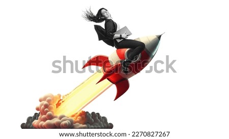 Art collage.  Launch of a red rocket with a smiling business woman. on isolated white Background. Successful start up concept. Leadership, leading to success or business vision concept