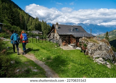 Hiking Trail in Switzerland at the Bisse Vieux in Nendaz (Valais, Wallis) with a traditional Swiss wooden house in the background.  Royalty-Free Stock Photo #2270835163