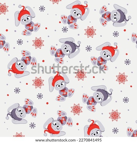 New Year's pattern  with rabbit in hat on gray background with snow	