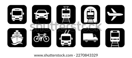 Set of transports vector icons. Black silhouette with bus, car, tram, metro, plane, train, ship, bicycle and van. Vector 10 Eps.