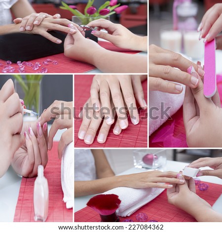 manicure collage consisting of four pictures: hands of a young woman receiving a manicure treatment by a beautician in a beauty salon. Cutting cuticles, nail filing, buffering and painting nails