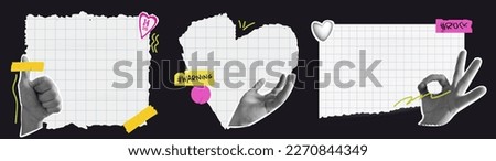 A collection of torn notebook papers. With elements of collage hands and stickers. Scotch tape and marker sketches. Modern punk notes.  Royalty-Free Stock Photo #2270844349