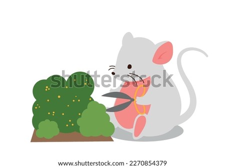 Cute mouse cuts bushes. Gardening and beauty, rodent with scissors cuts shape from plant. Spring and summer time of year. Nature and agriculture. Cartoon flat vector illustration