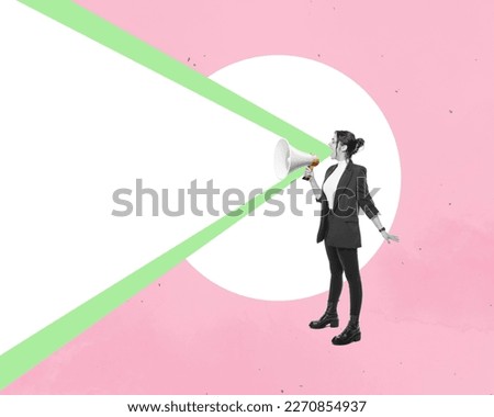 Art collage. A woman with a megaphone. Promotion, action, ad, job questions, discussion. Vacancy. Business concept, communication, information, news, team media relations.