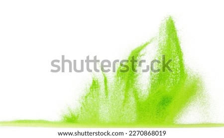 Small size green Sand flying explosion, vegetable sands grain wave explode. Abstract cloud fly. Green colored sand splash throwing in Air. White background Isolated high speed shutter, throwing freeze Royalty-Free Stock Photo #2270868019