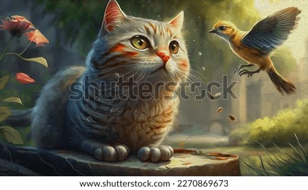 The cat playing with a sparrow in the park,Oil painting
