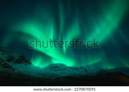 Northern lights over the snowy mountains at night in Lofoten, Norway. Aurora borealis above the snow covered rocks. Winter landscape with polar lights, mountain peak. Starry sky with bright aurora Royalty-Free Stock Photo #2270870591