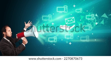 Young person with megaphone and technology related icon