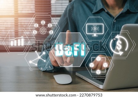 DeF, Decentralized Finance concept, Person using laptop computer with hand touching Decentralized Finance icon on virtual screen, Concept of blockchain, decentralized financial system