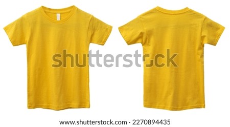 Yellow kids t-shirt mock up, front and back view, isolated. Plain light blue shirt mockup. Tshirt design template. Blank tee for print Royalty-Free Stock Photo #2270894435