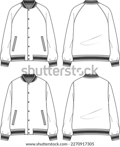 Technical sketch of the varsity jacket design template. Front and back sketch mock up of bomber jackets. A classic college or baseball jacket on a white background.