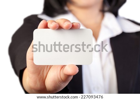 Woman holding blank white business card